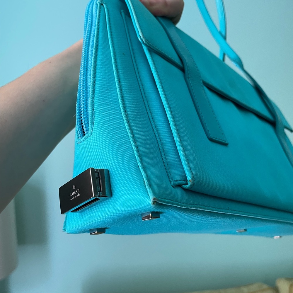 Gucci Turquoise Blue Fabric Handbag with Leather Straps and Gunmetal Hardware - Picture 12 of 16